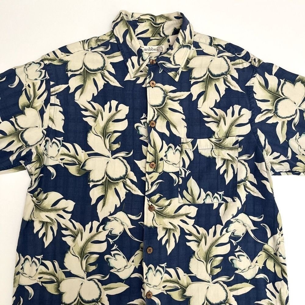 Caribbean Hawaiian 100% Silk Short Sleeve Button Down, Silk Tropical Flower T5